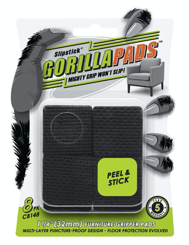 Slipstick GorillaPads CB148 Non Slip Furniture Pads/Rubber Gripper Feet (Set of 8) Self Adhesive Anti-Skid Floor Protectors, 1-1/4 inch Square, Black - Image 1